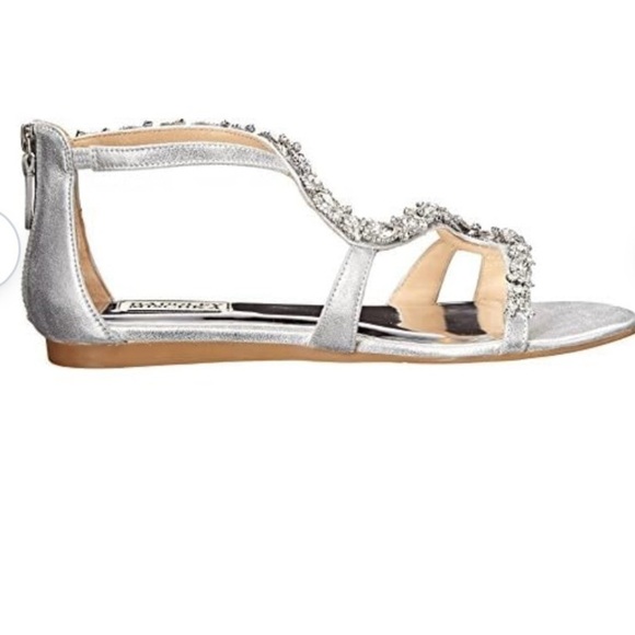 Badgley Mischka Metallic Silver Jeweled Flat Leather Carey Sandal - Picture 6 of 16